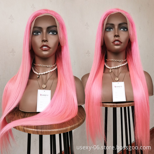 Brazilian frontal color human hair wigs raw virgin hair hd lace front wigs human hair pre plucked hd closure pink wig